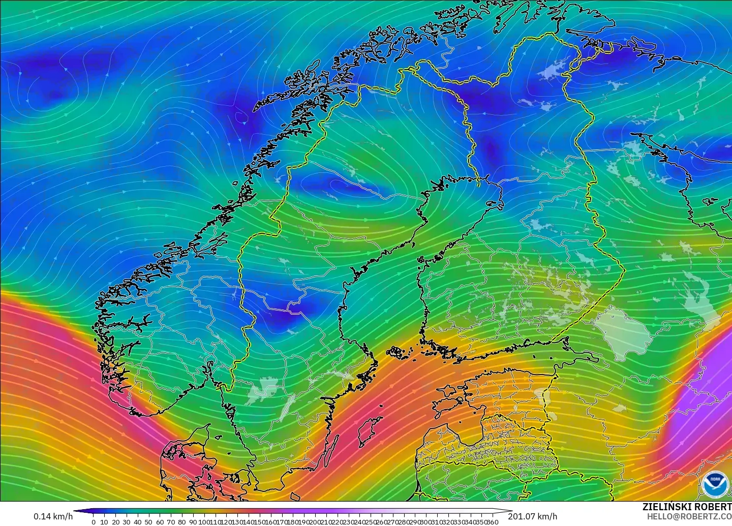 GFS modelo - Scandinavia, Wind at 300hPa (jet stream)