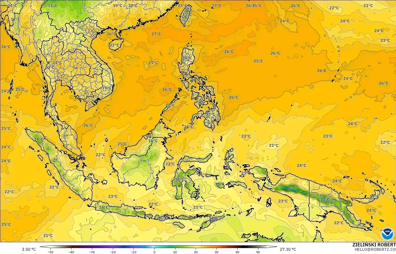GFS modelo - South East Asia, Dewpoint at 2m