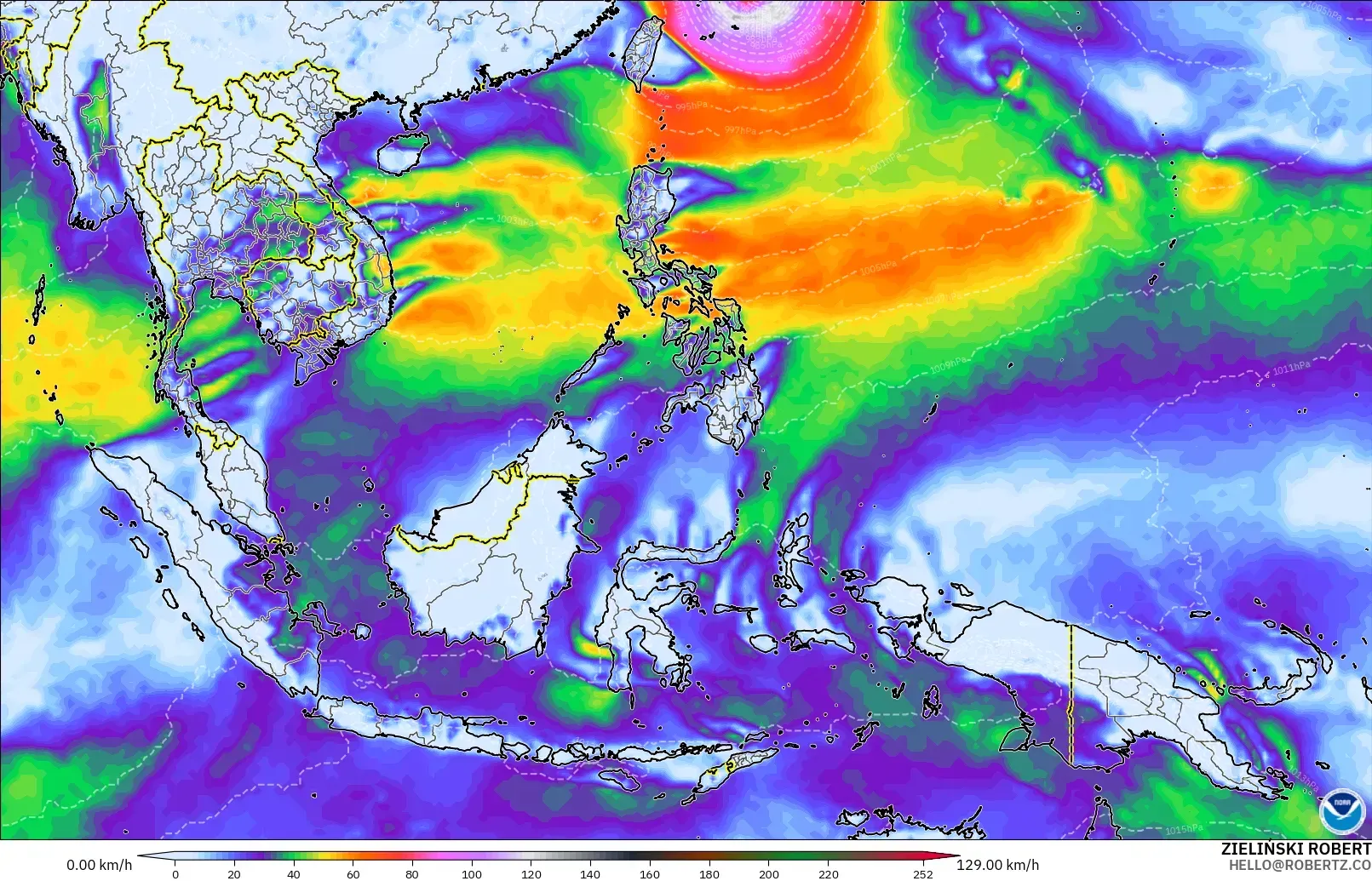GFS modelo - South East Asia, Wind Gusts Peak