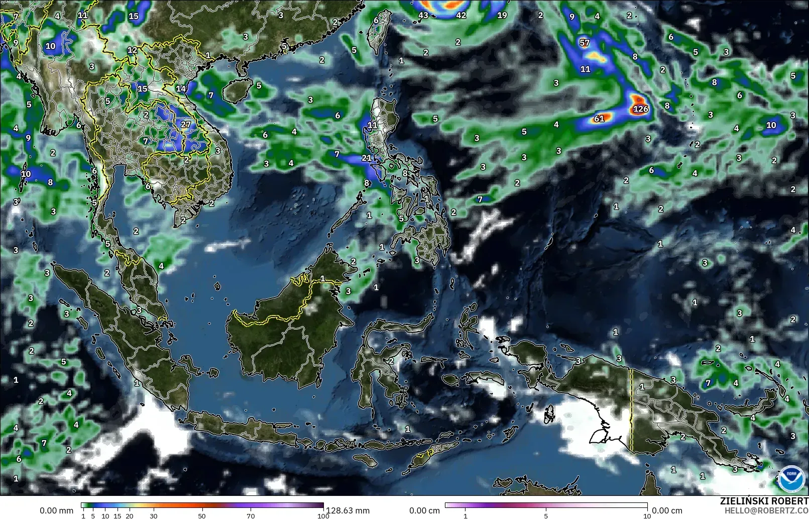 GFS modelo - South East Asia, Precipitation, Clouds, and Pressure