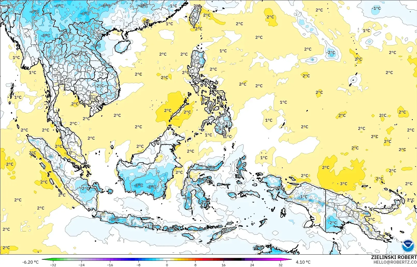 GFS modelo - South East Asia, Temperature at 2m Anomaly