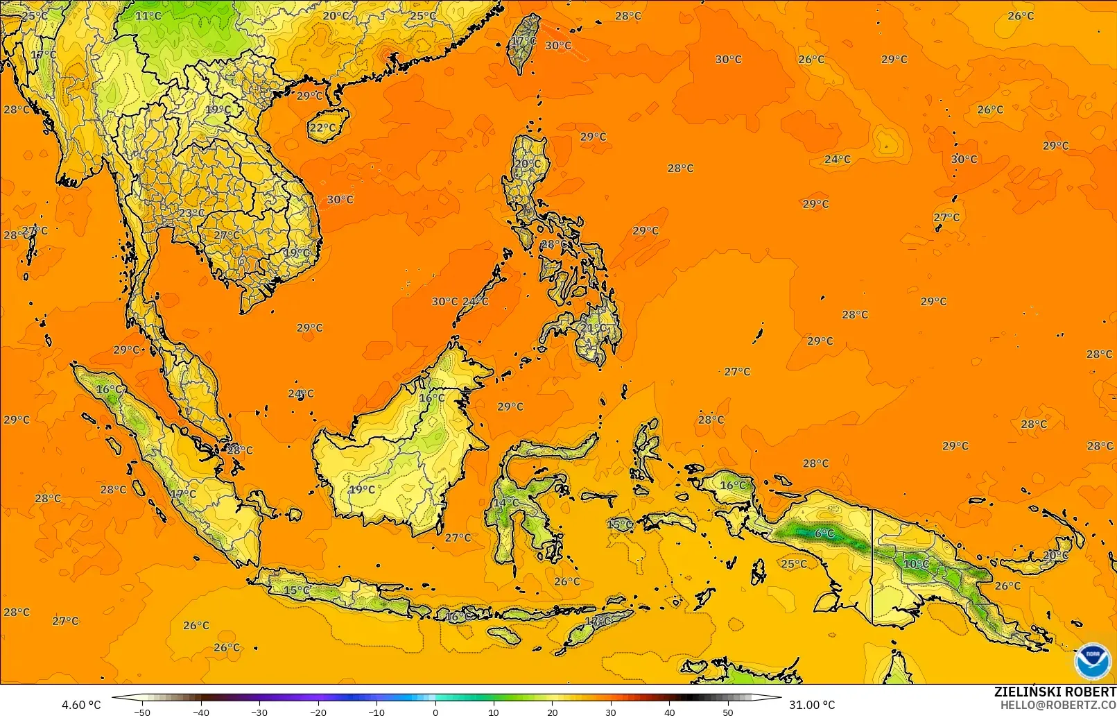 GFS modelo - South East Asia, Temperature at 2m