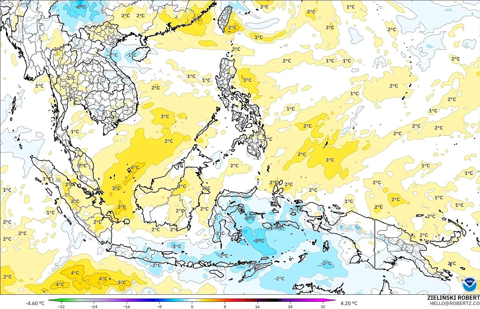 GFS modelo - South East Asia, Temperature at 850hPa Anomaly