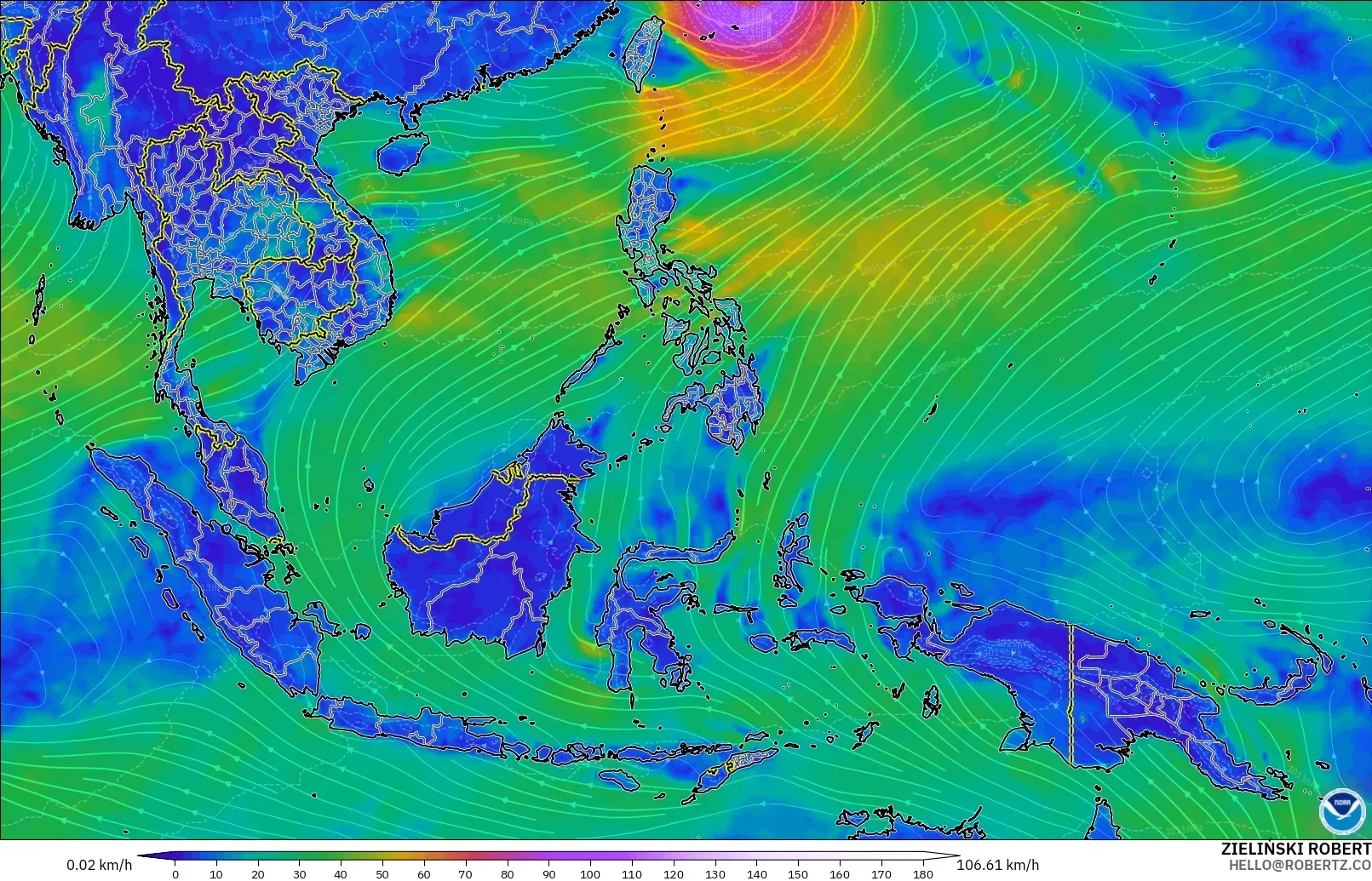 GFS modelo - South East Asia, Wind at 10m