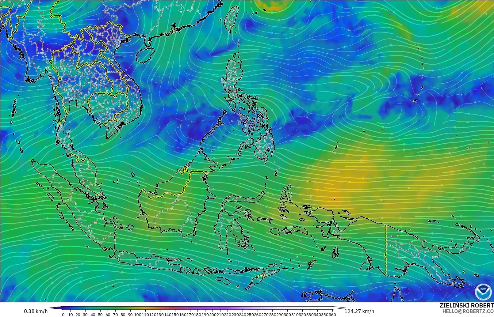 GFS modelo - South East Asia, Wind at 300hPa (jet stream)