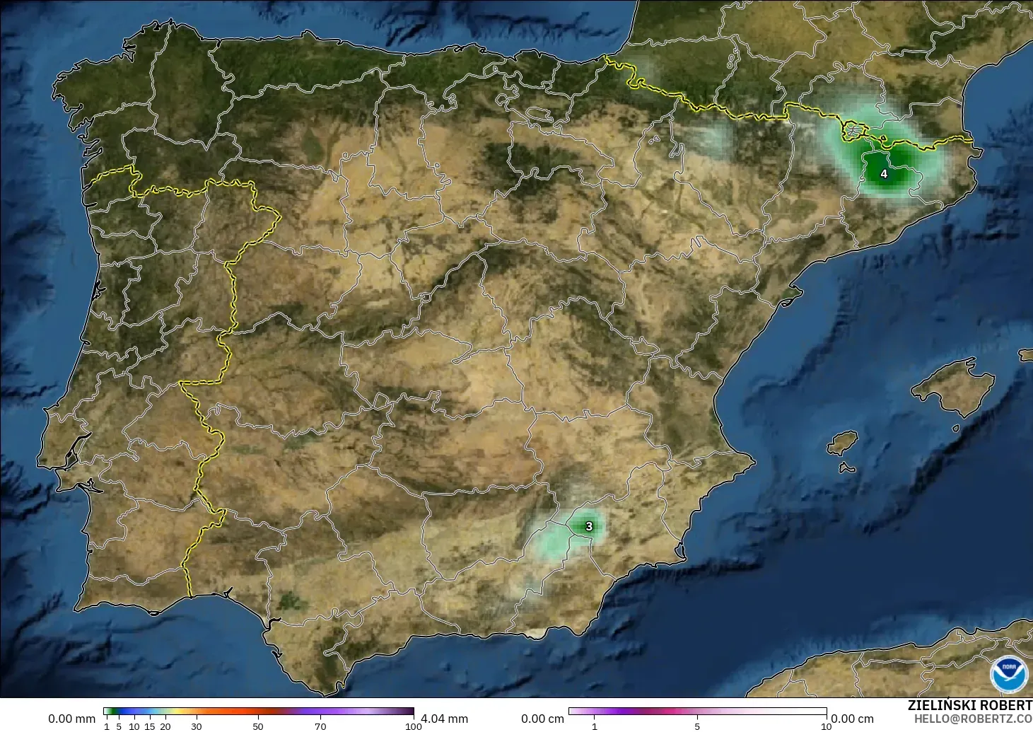 GFS modelo - Spain, Precipitation, Clouds, and Pressure