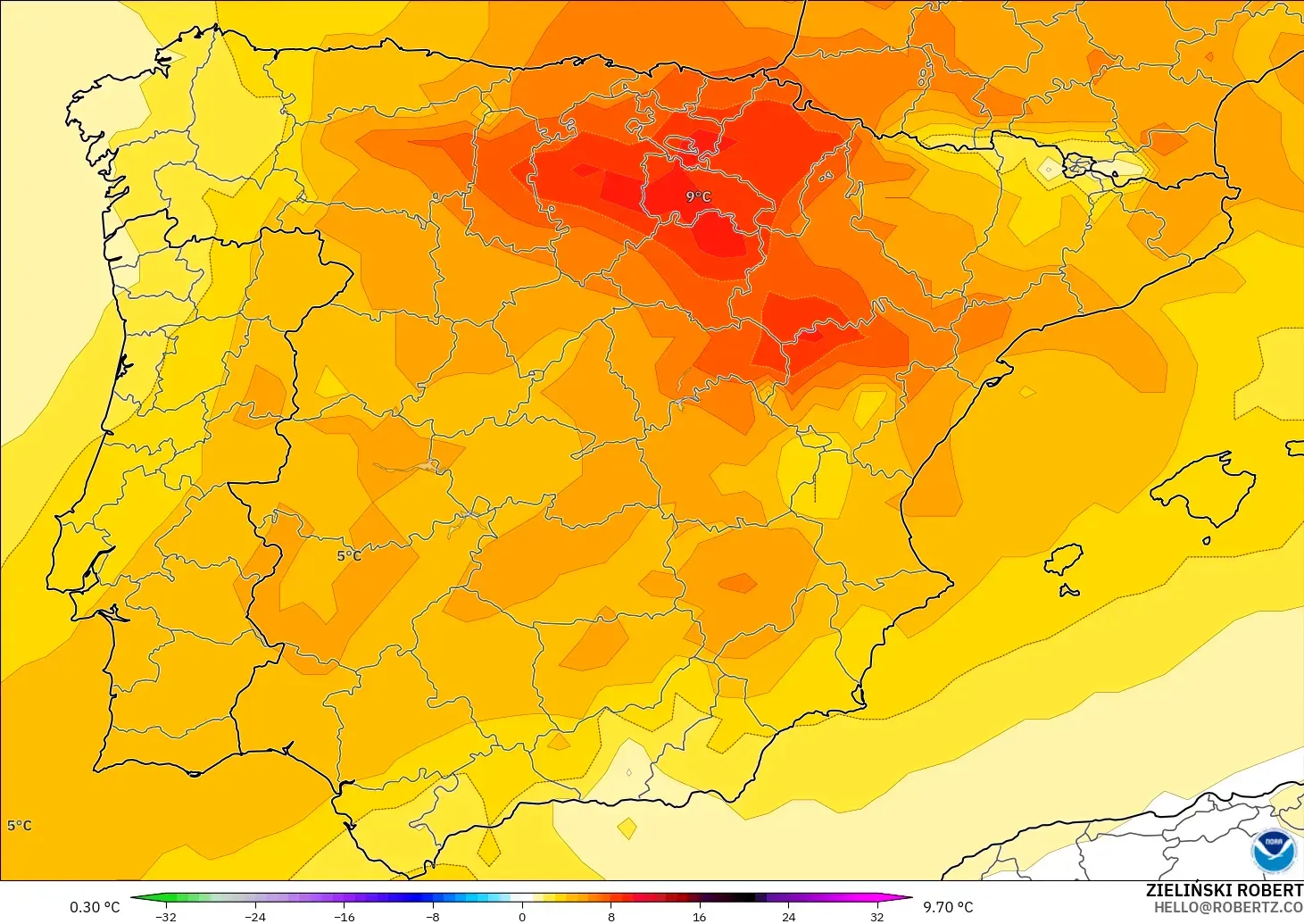 GFS modelo - Spain, Temperature at 850hPa Anomaly