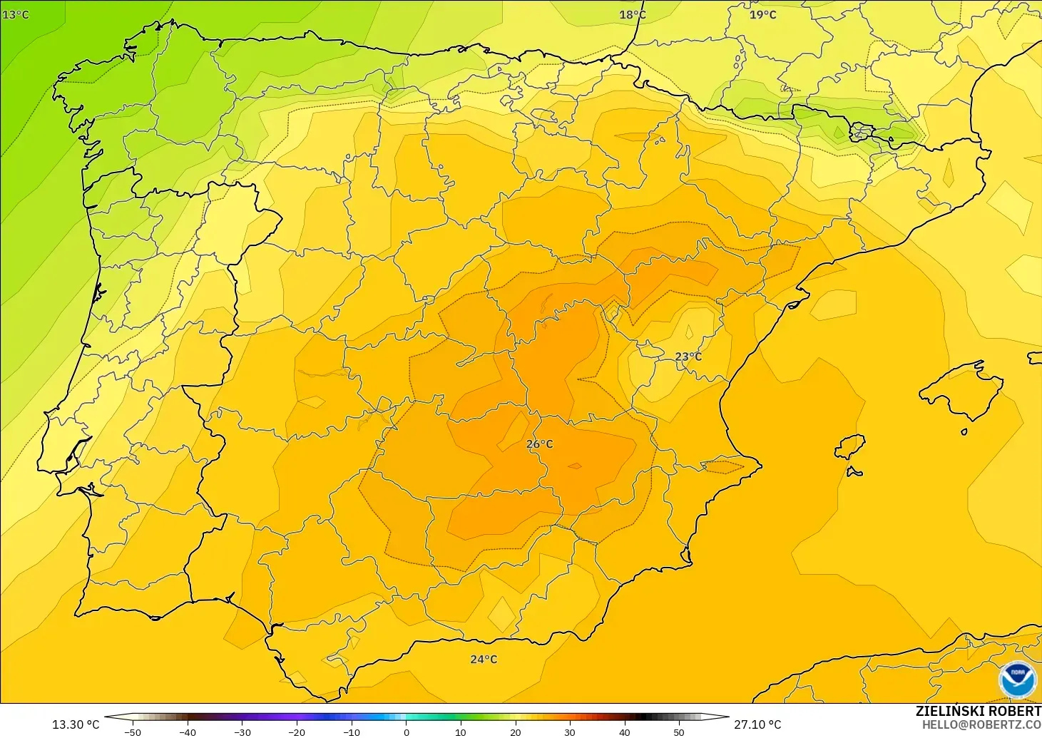 GFS modelo - Spain, Temperature at 850hPa