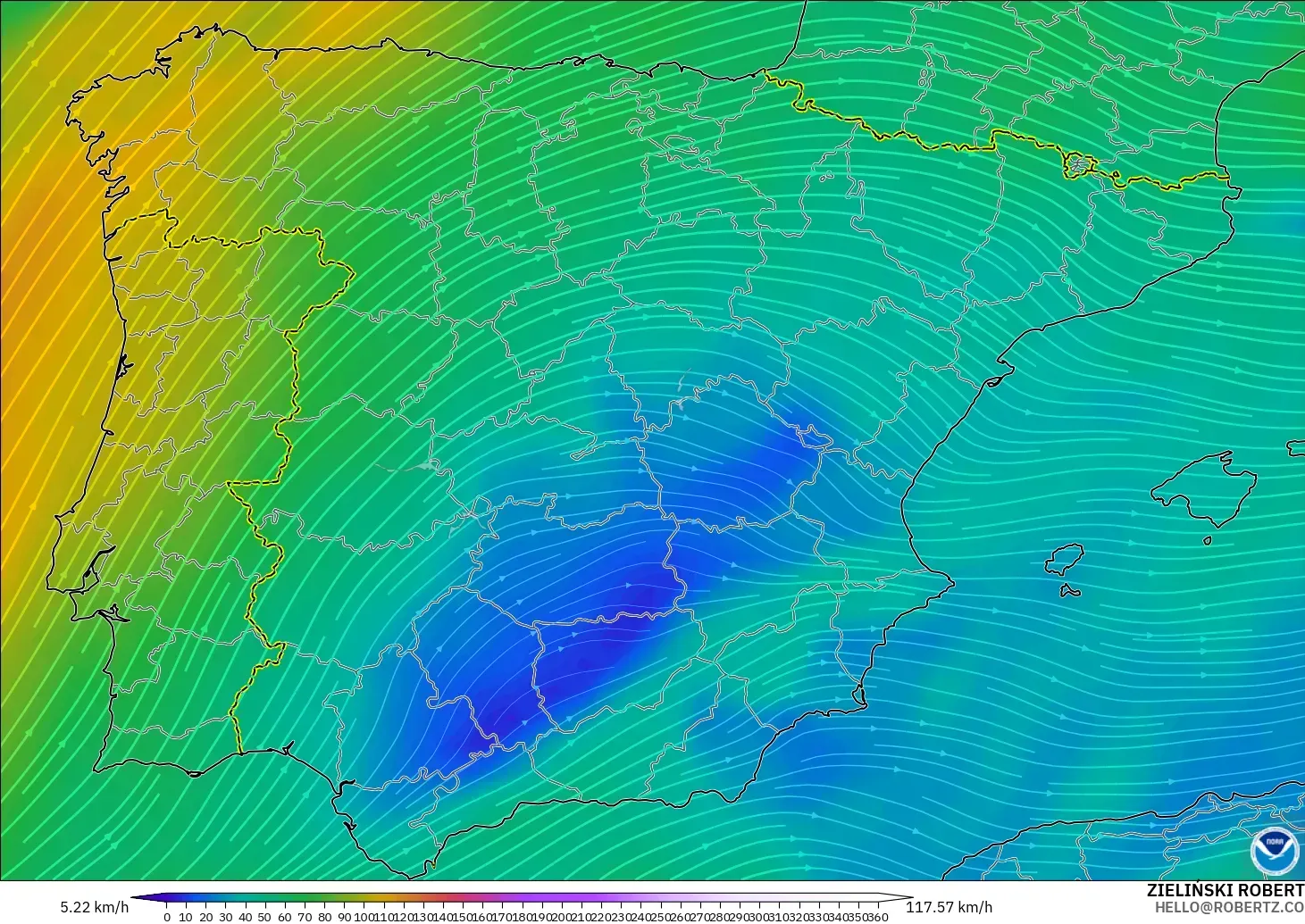 GFS modelo - Spain, Wind at 300hPa (jet stream)