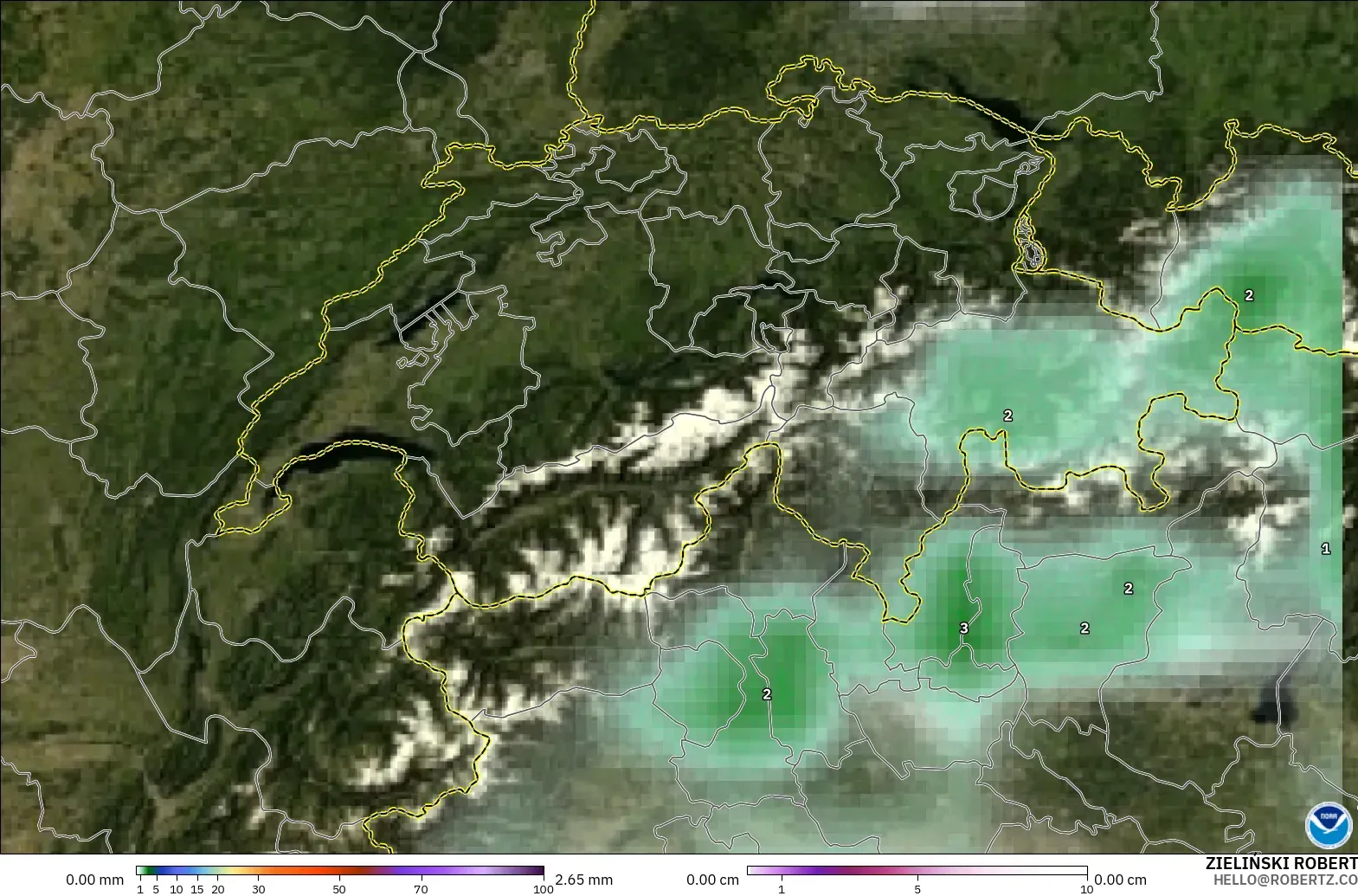 GFS modelo - Switzerland, Precipitation, Clouds, and Pressure