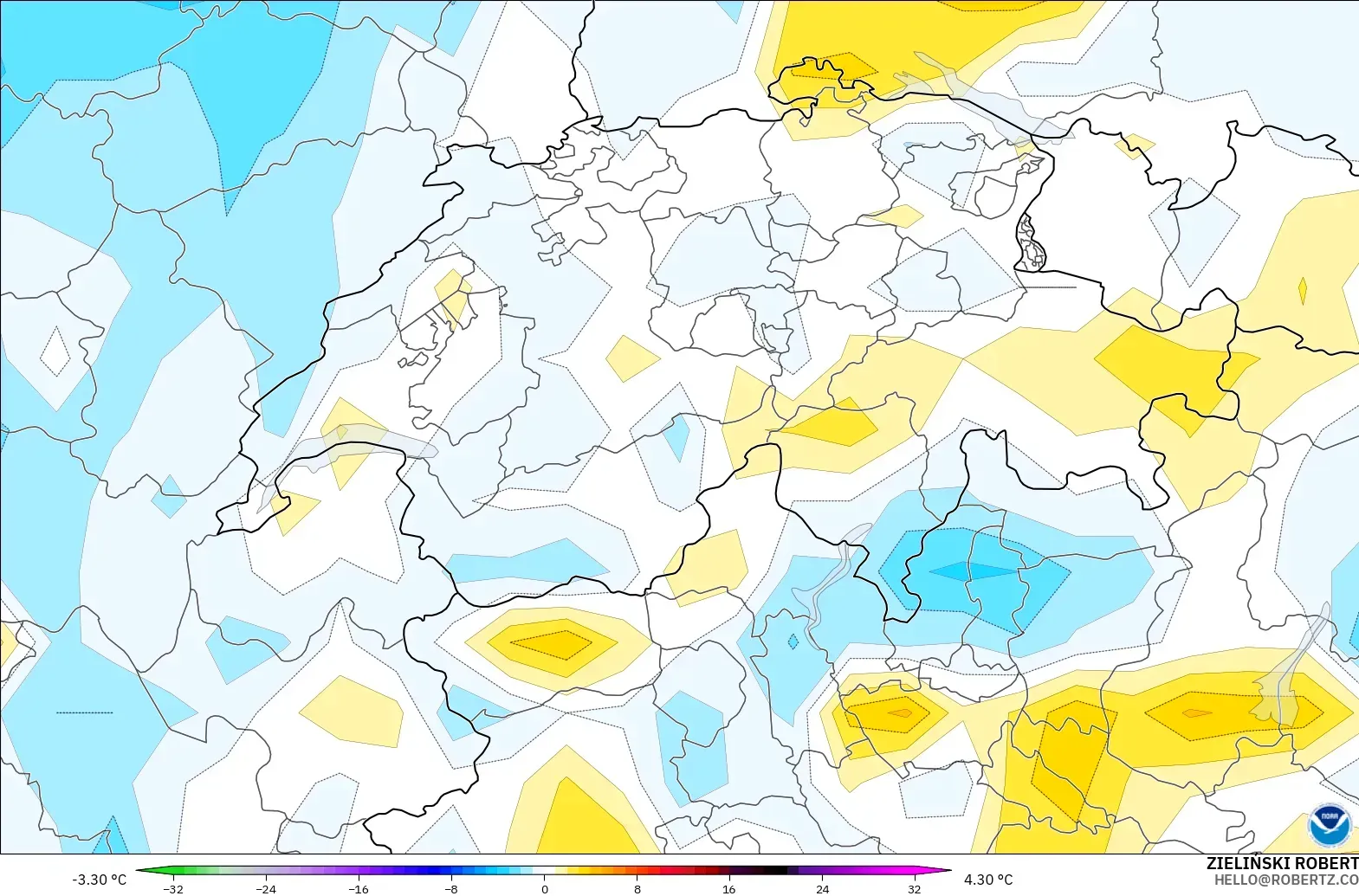 GFS modelo - Switzerland, Temperature at 2m Anomaly