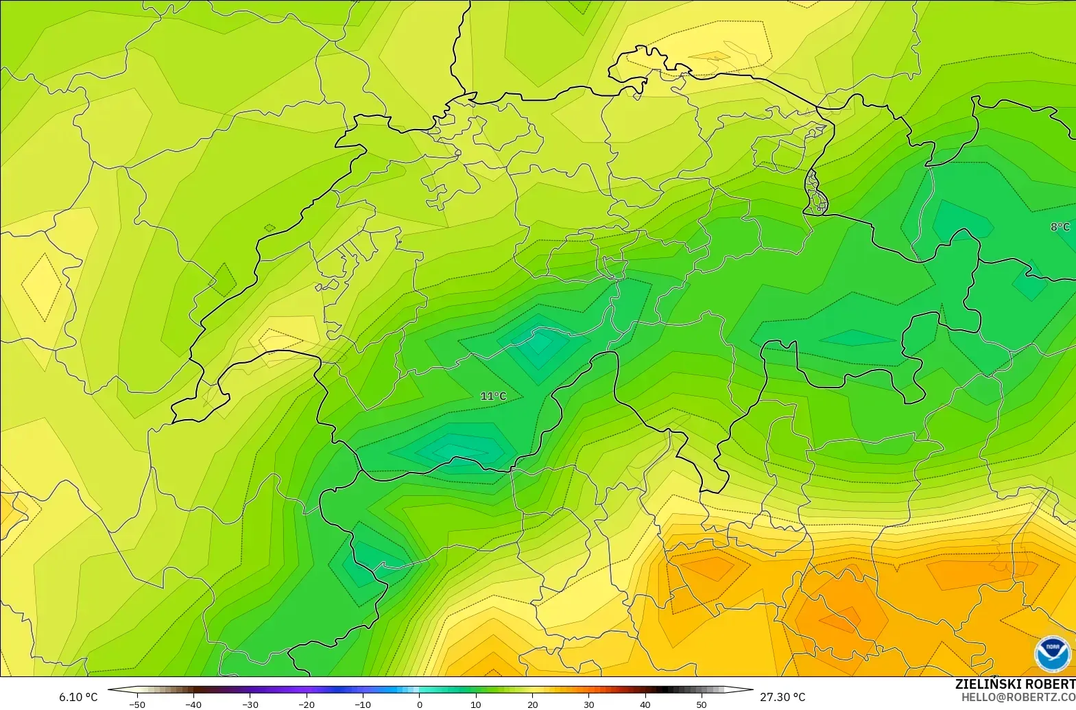 GFS modelo - Switzerland, Temperature at 2m