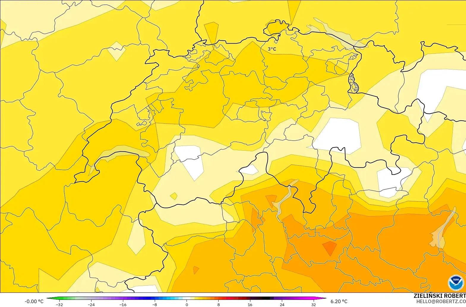 GFS modelo - Switzerland, Temperature at 850hPa Anomaly