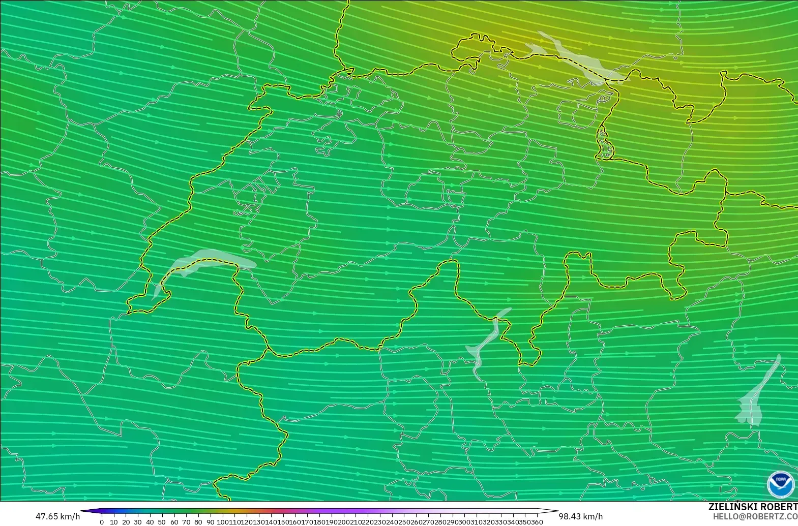 GFS modelo - Switzerland, Wind at 300hPa (jet stream)
