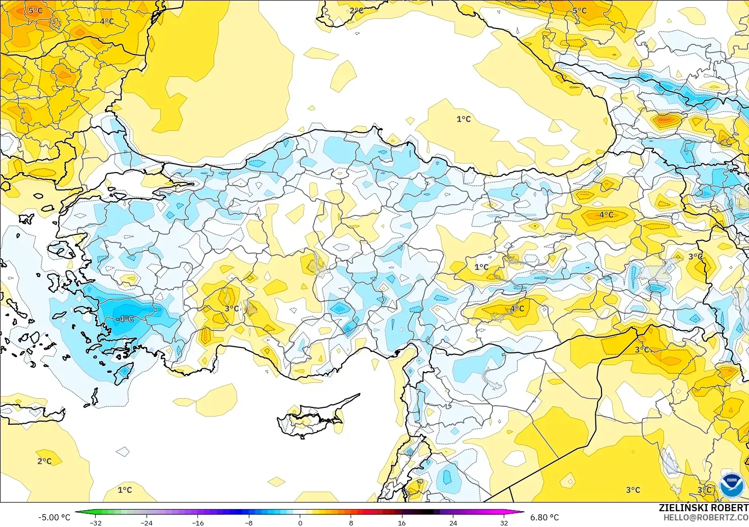GFS modelo - Turkey, Temperature at 2m Anomaly