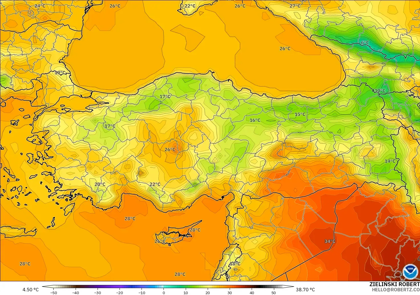 GFS modelo - Turkey, Temperature at 2m