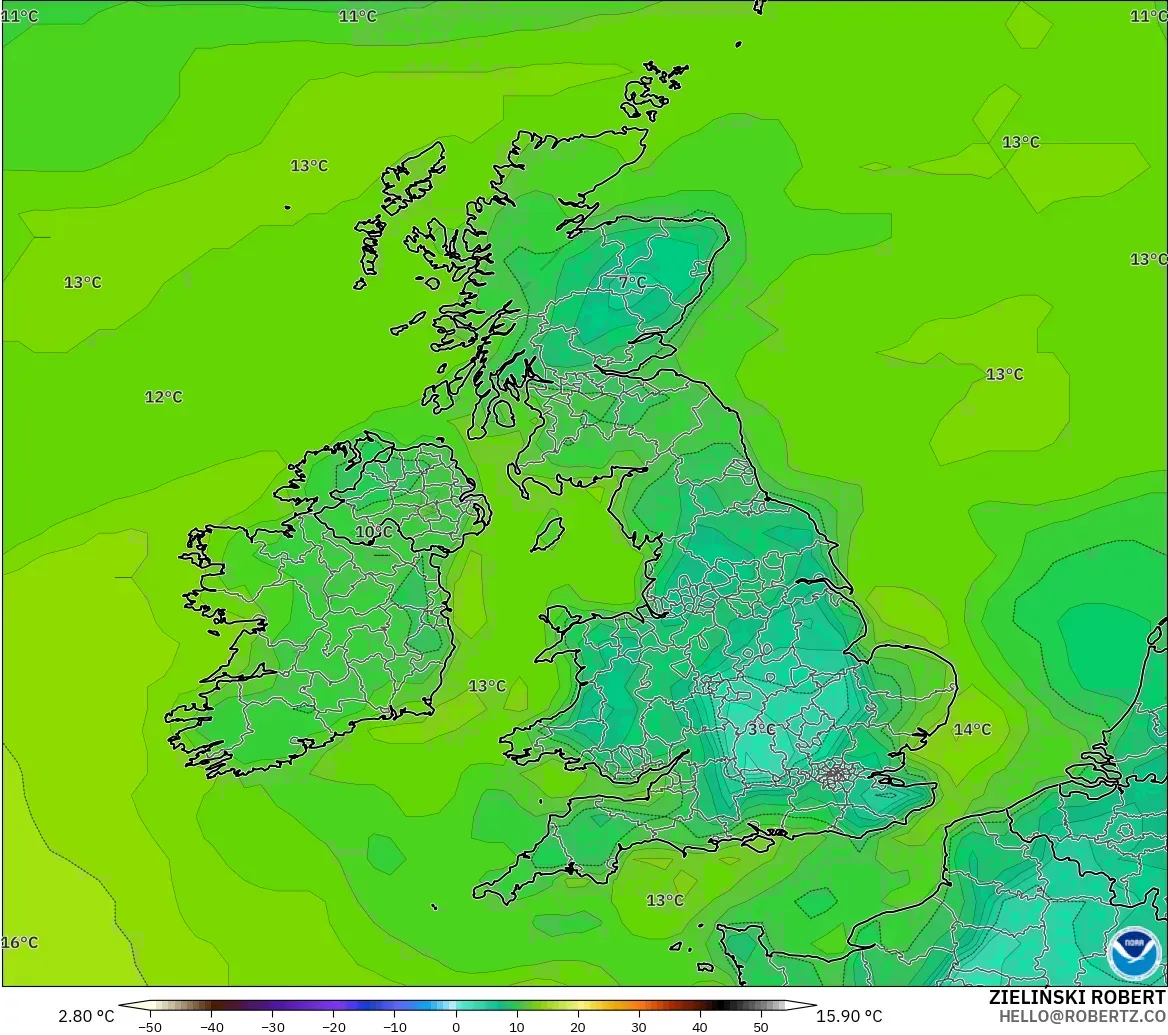 GFS modelo - United Kingdom, Dewpoint at 2m