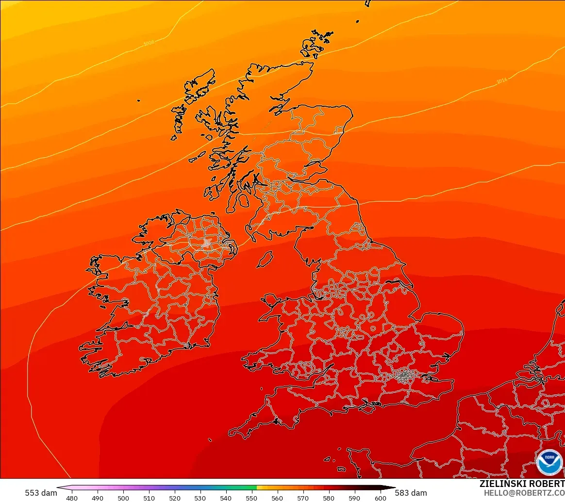 GFS modelo - United Kingdom, Geopotential height at 500hPa