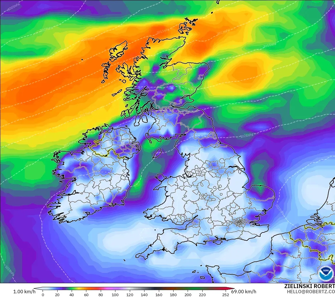 GFS modelo - United Kingdom, Wind Gusts Peak