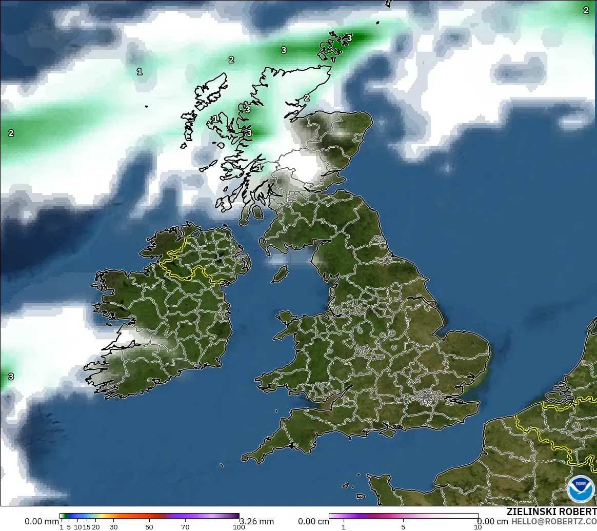 GFS modelo - United Kingdom, Precipitation, Clouds, and Pressure