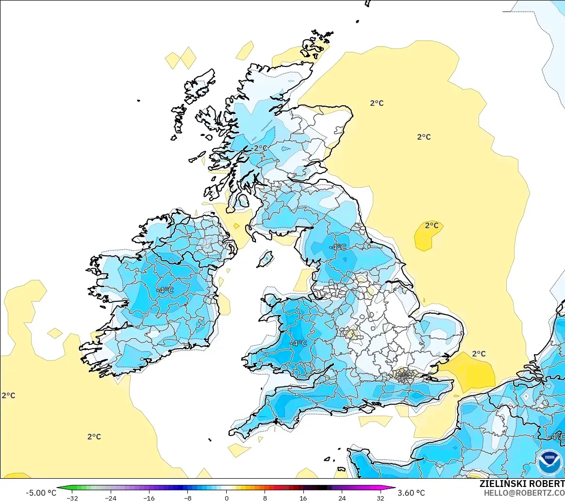 GFS modelo - United Kingdom, Temperature at 2m Anomaly