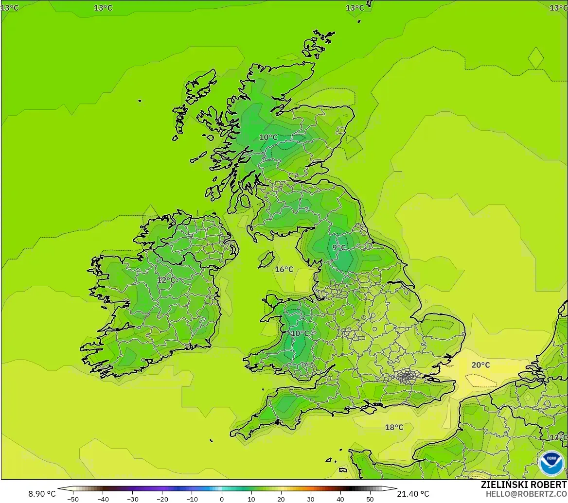 GFS modelo - United Kingdom, Temperature at 2m