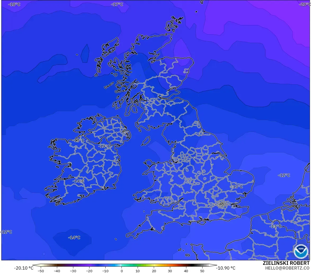 GFS modelo - United Kingdom, Temperature at 500hPa