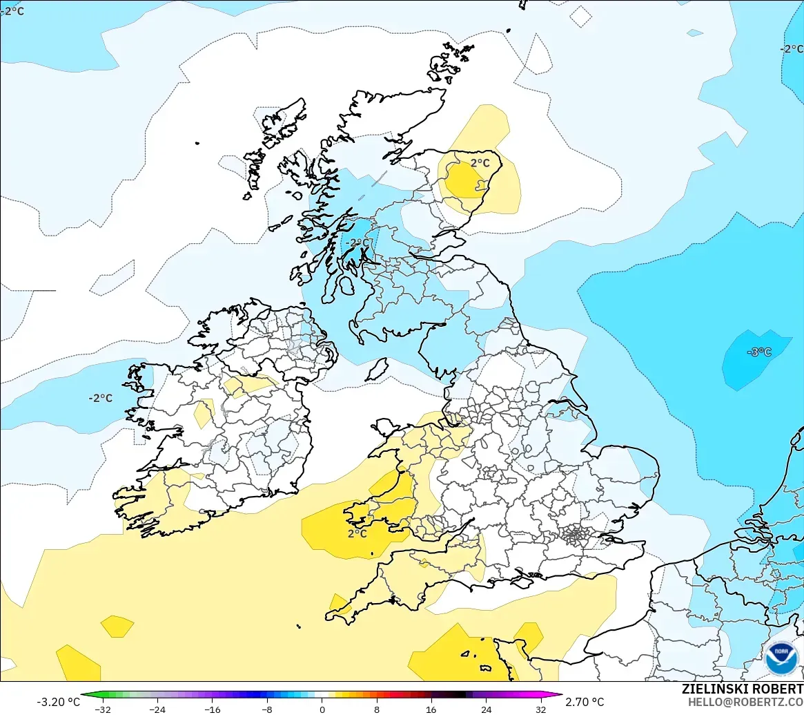 GFS modelo - United Kingdom, Temperature at 850hPa Anomaly