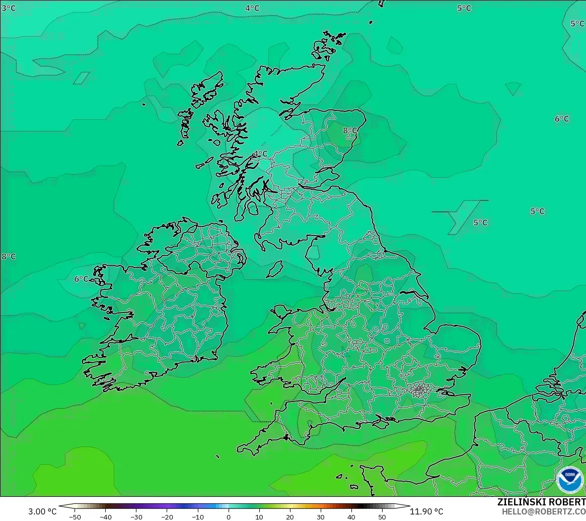 GFS modelo - United Kingdom, Temperature at 850hPa