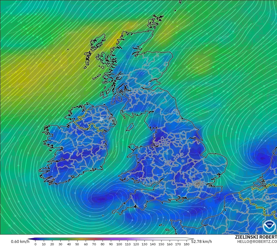 GFS modelo - United Kingdom, Wind at 10m
