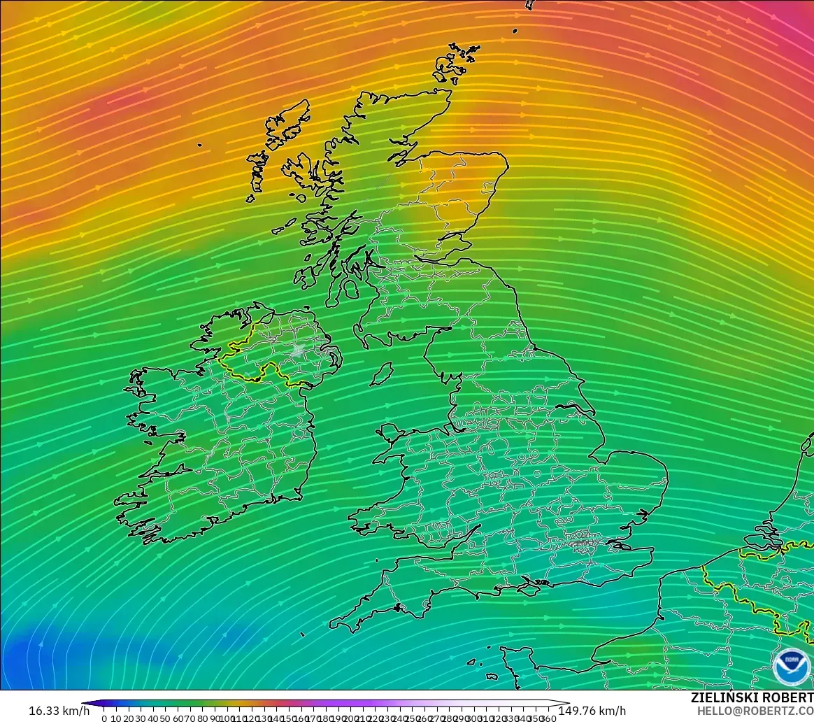 GFS modelo - United Kingdom, Wind at 300hPa (jet stream)