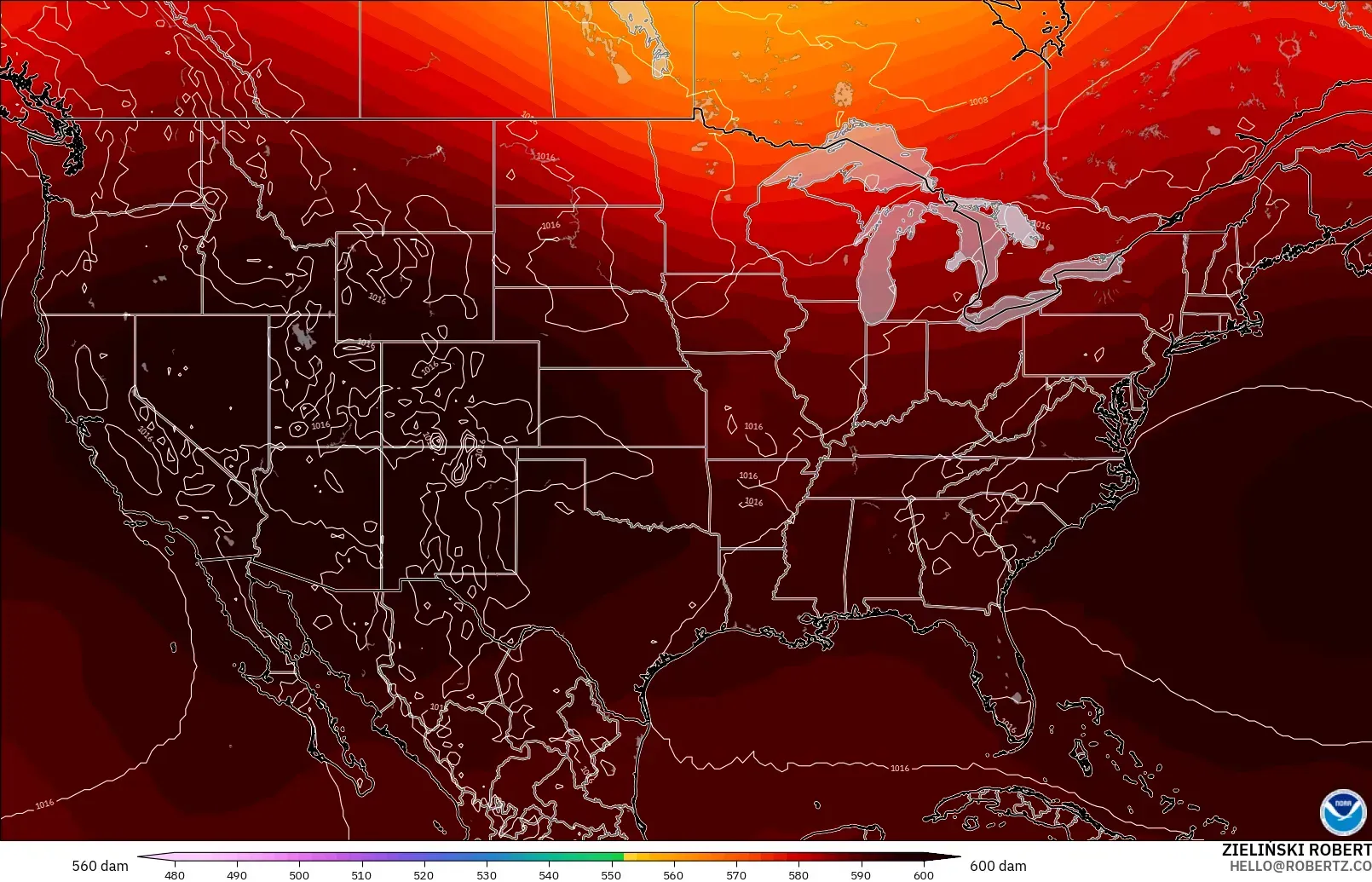 GFS modelo - United States, Geopotential height at 500hPa
