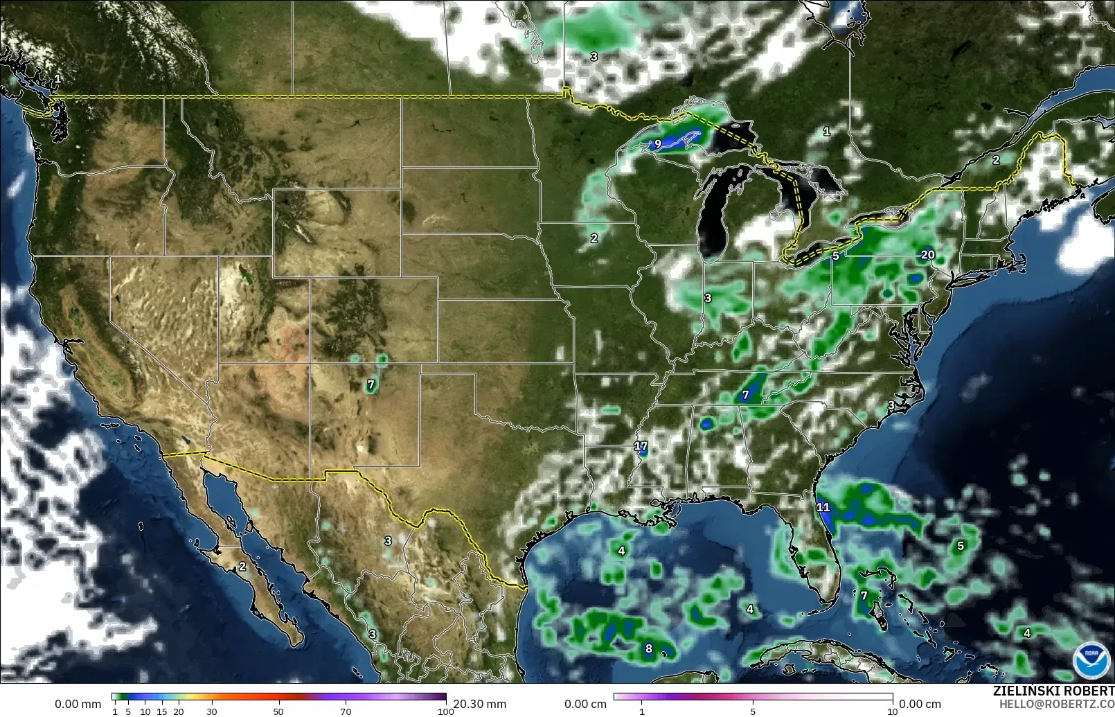 GFS modelo - United States, Precipitation, Clouds, and Pressure