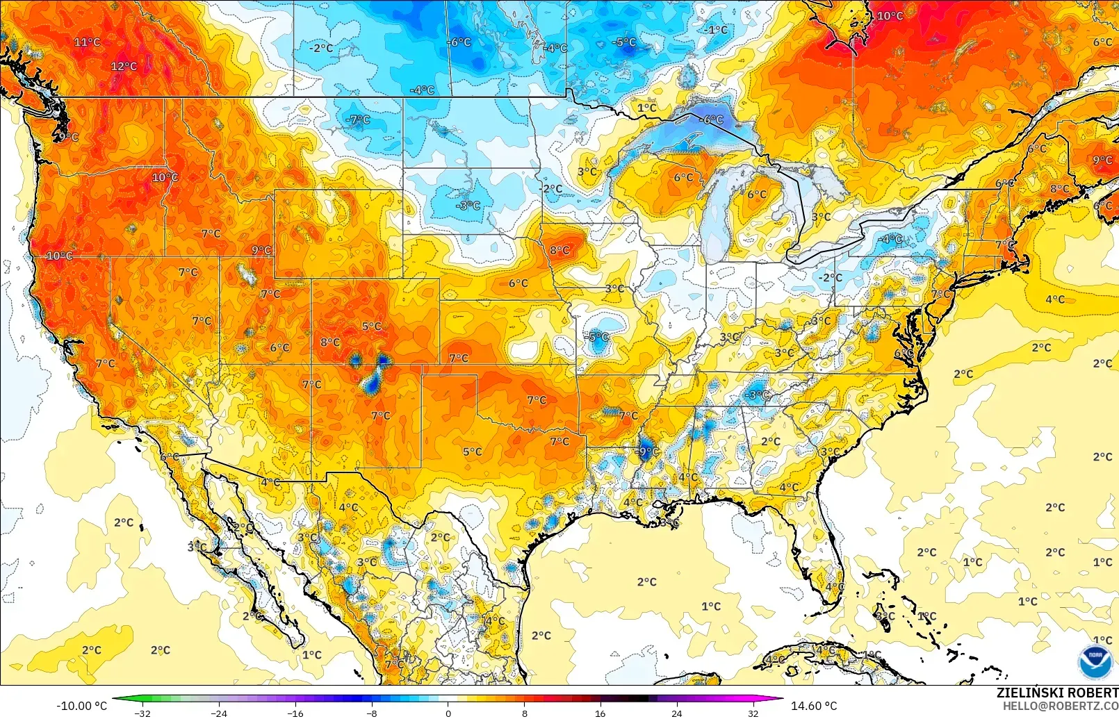 GFS modelo - United States, Temperature at 2m Anomaly