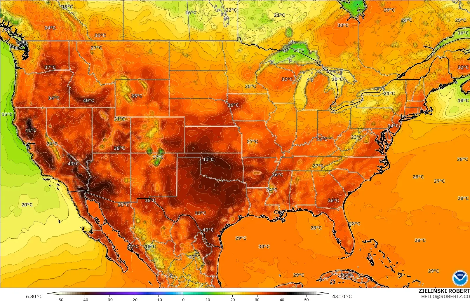GFS modelo - United States, Temperature at 2m