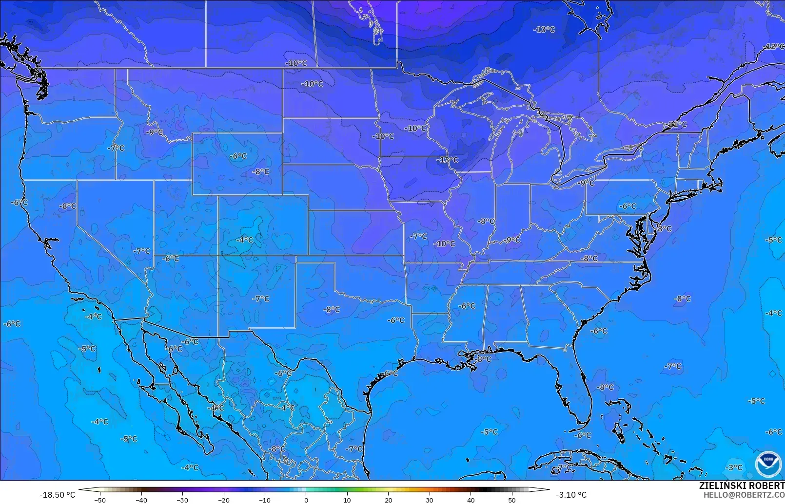 GFS modelo - United States, Temperature at 500hPa