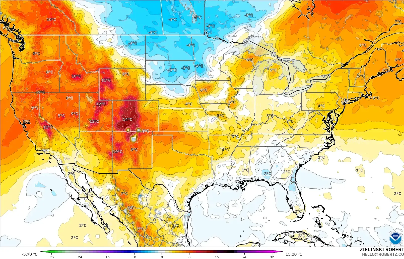 GFS modelo - United States, Temperature at 850hPa Anomaly