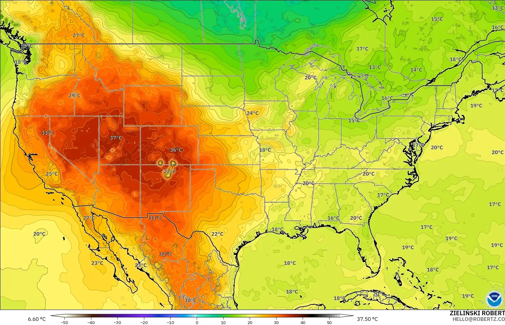 GFS modelo - United States, Temperature at 850hPa