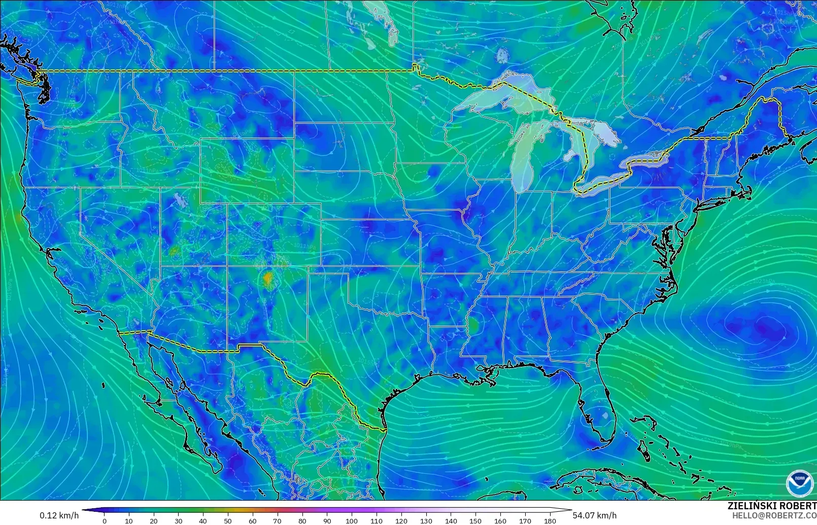 GFS modelo - United States, Wind at 10m