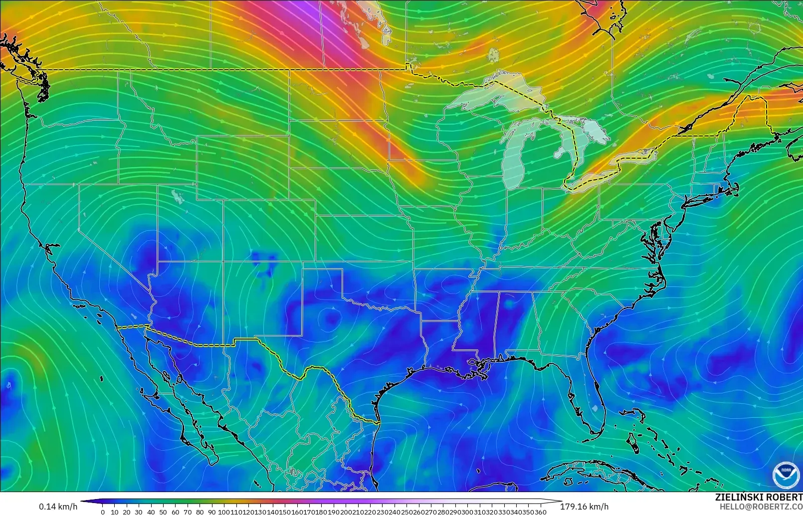 GFS modelo - United States, Wind at 300hPa (jet stream)