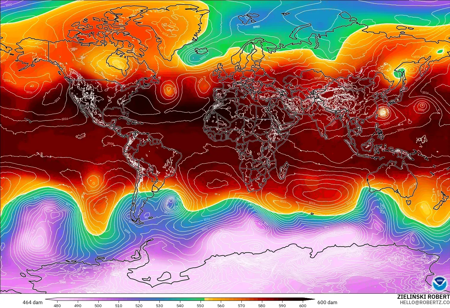 GFS modelo - World, Geopotential height at 500hPa