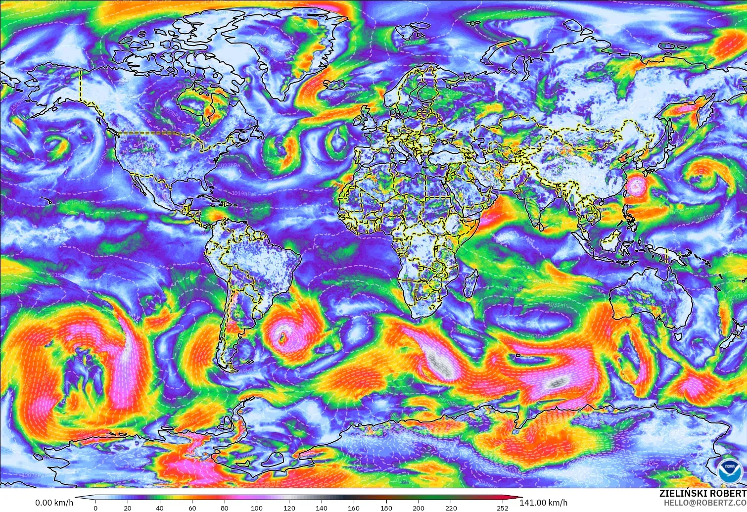 GFS modelo - World, Wind Gusts Peak