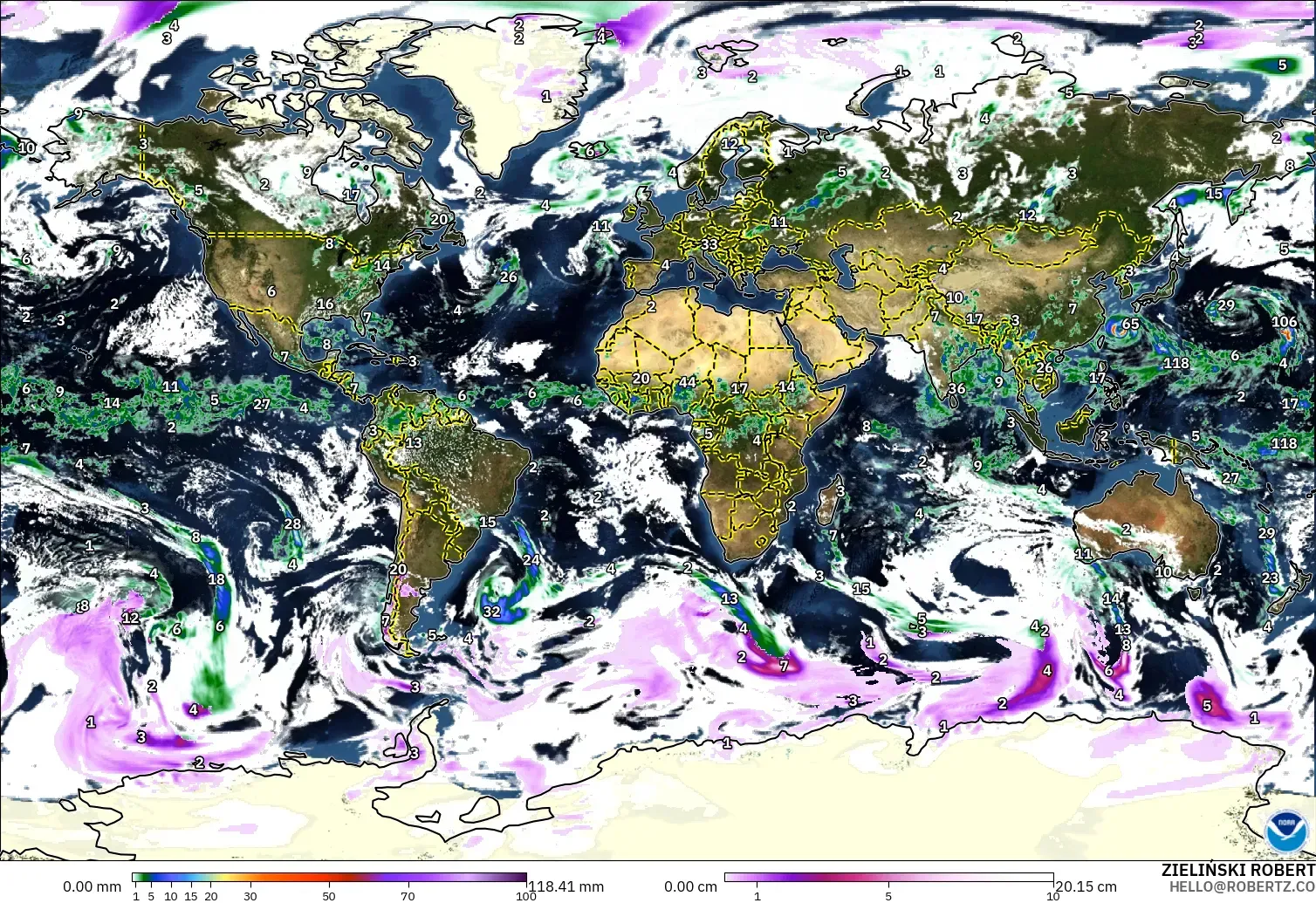 GFS modelo - World, Precipitation, Clouds, and Pressure