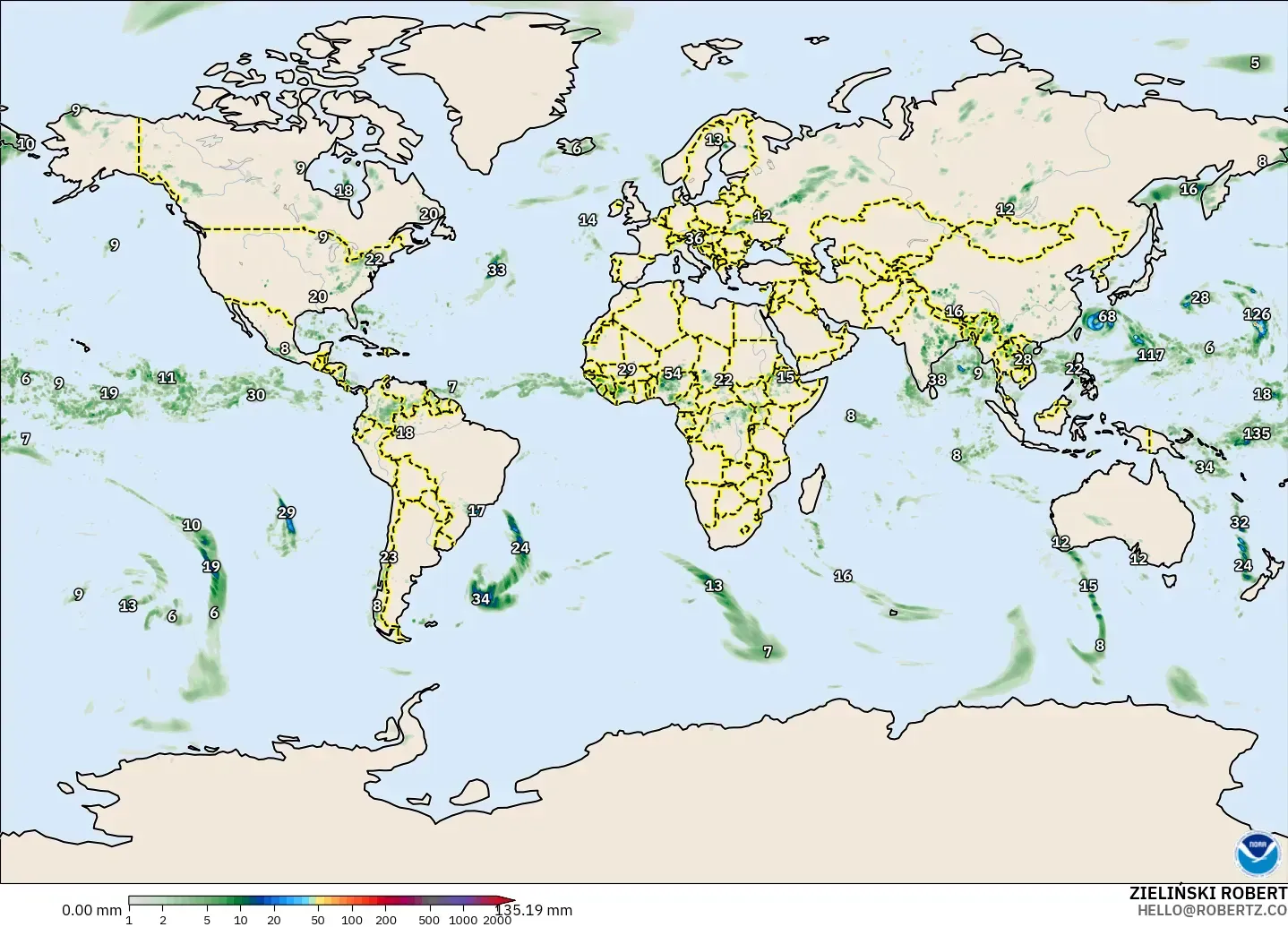 GFS modelo - World, Precipitation Accumulation
