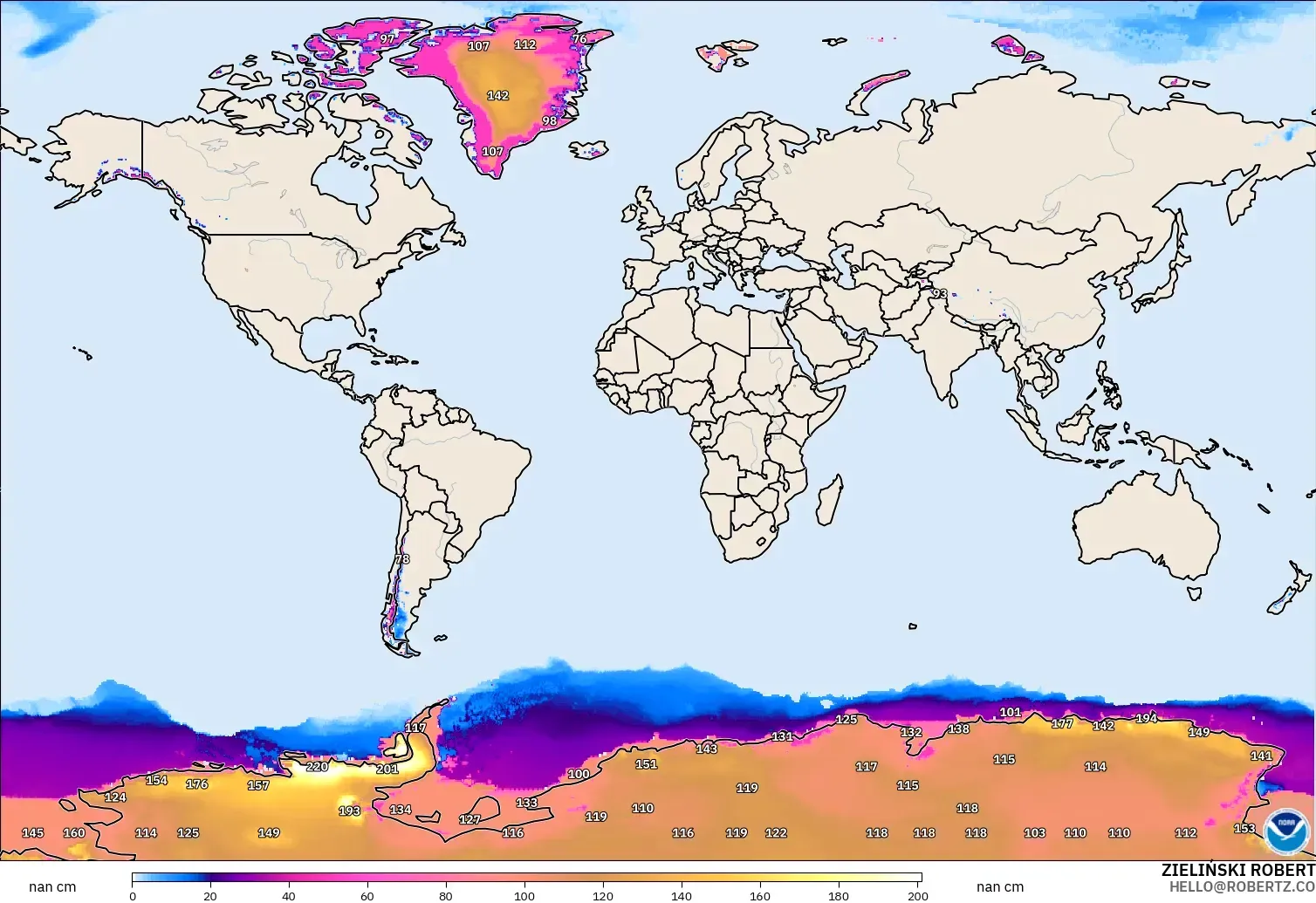 GFS modelo - World, Snow Depth