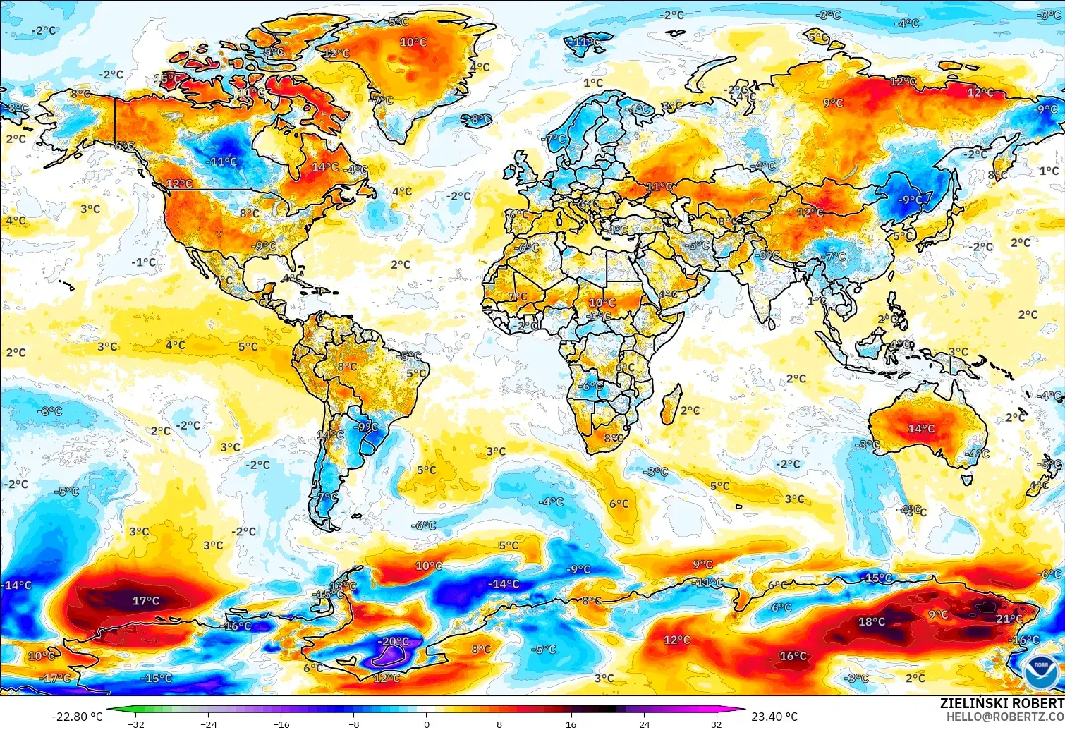 GFS modelo - World, Temperature at 2m Anomaly