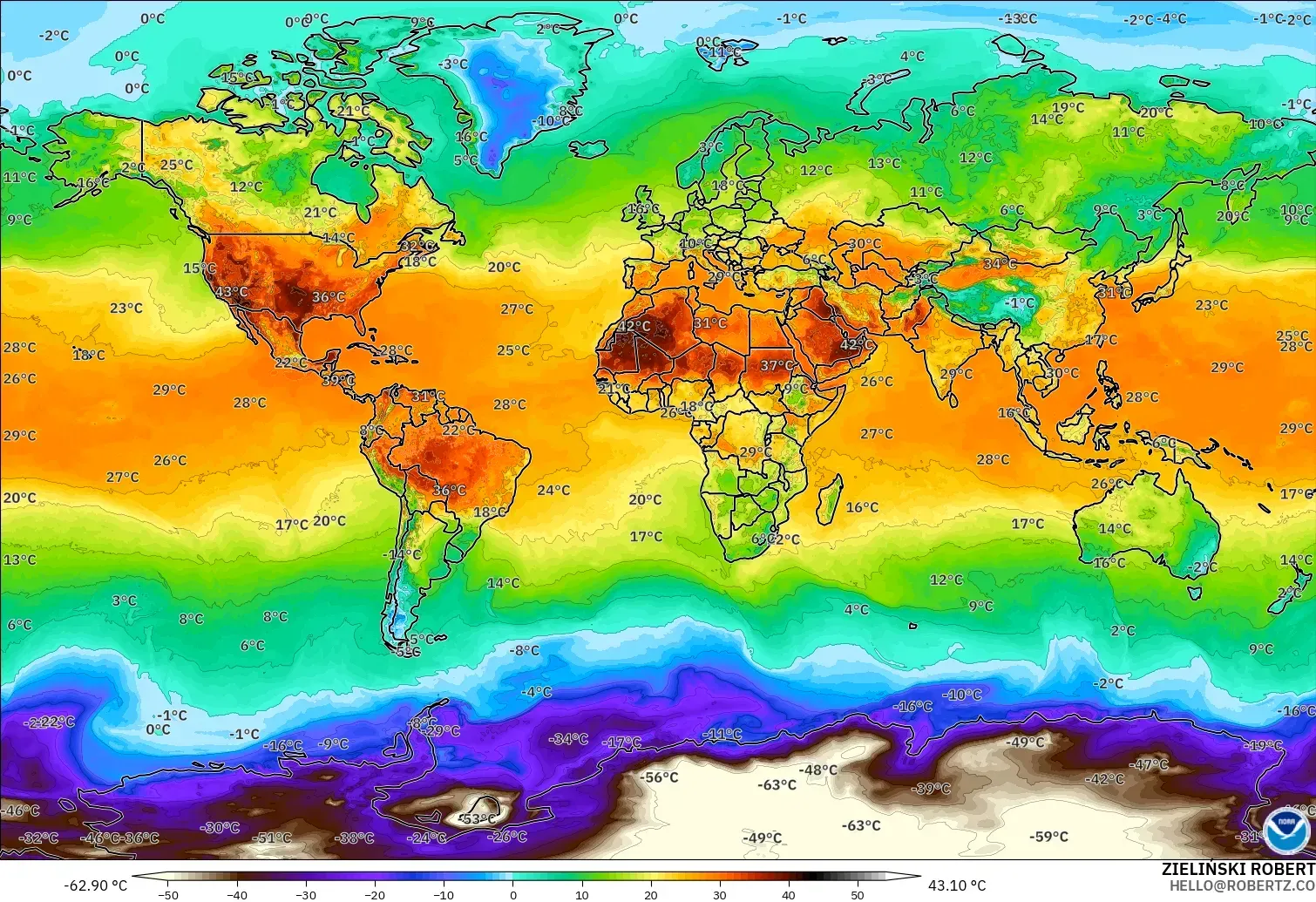 GFS modelo - World, Temperature at 2m