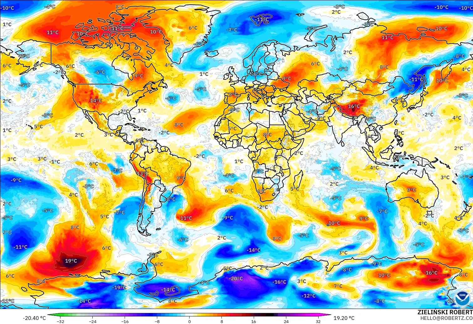 GFS modelo - World, Temperature at 850hPa Anomaly