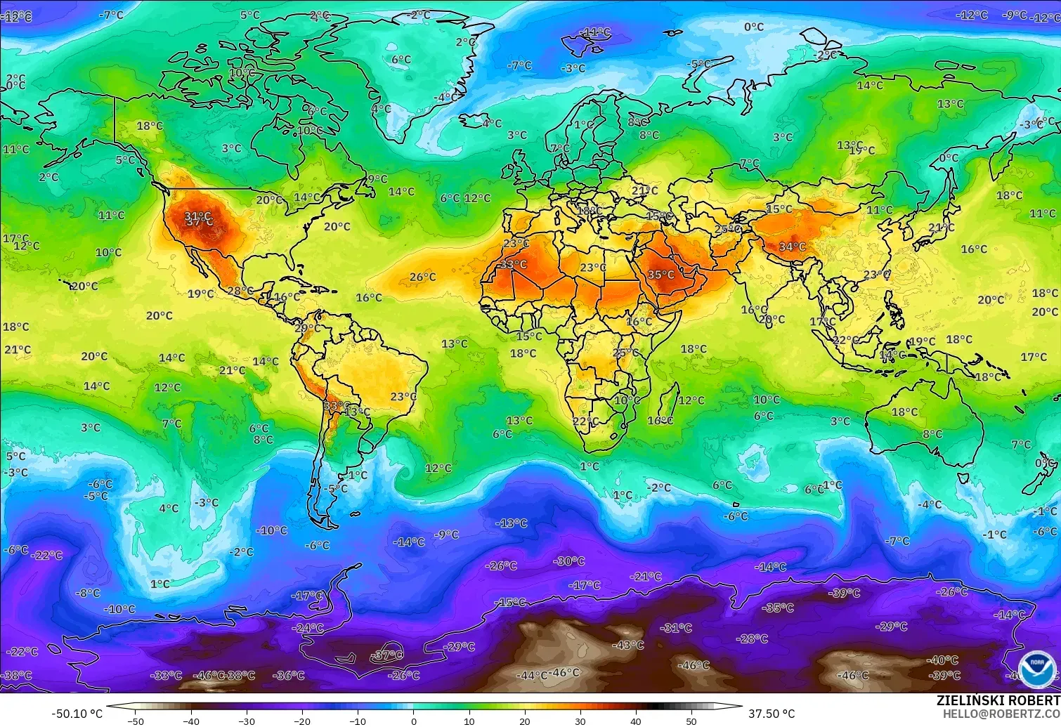 GFS modelo - World, Temperature at 850hPa