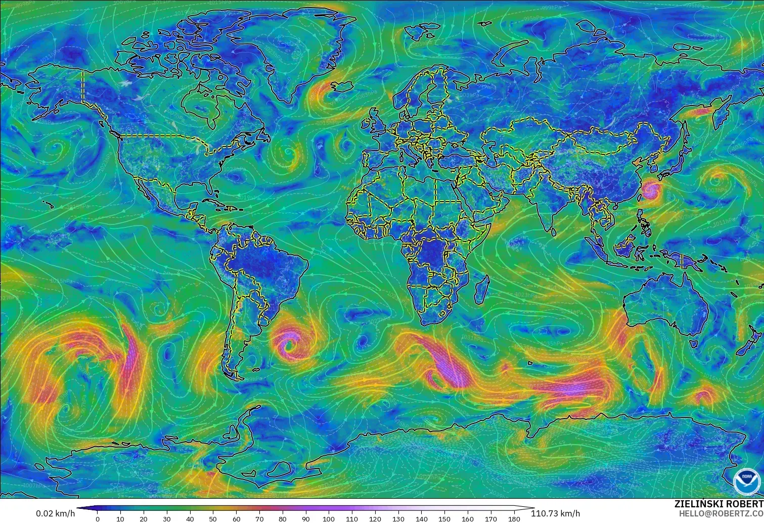 GFS modelo - World, Wind at 10m